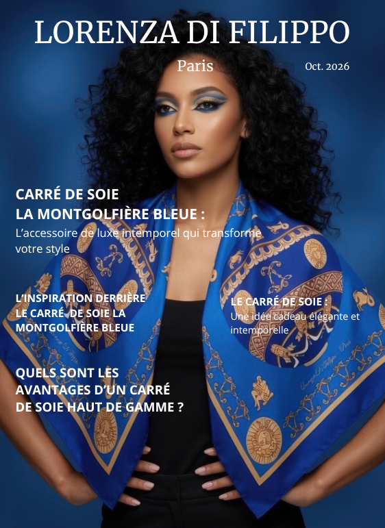 Carré de soie La Montgolfière Bleue Lorenza Di Filippo porté par une femme